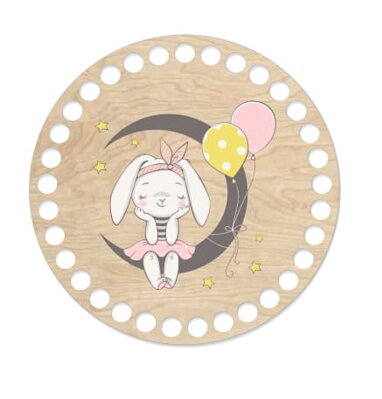 Dřevěné dno na košík s potištěným motivem - kruh 15 cm zajíček s balony 157