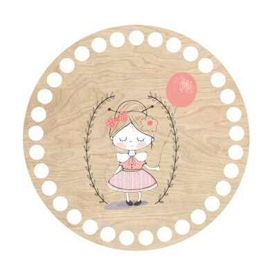 Dřevěné dno na košík s potištěným motivem - kruh 15 cm holčička s balónem 92