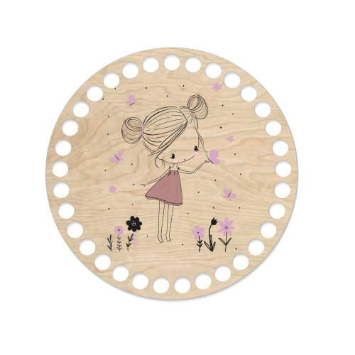 Dřevěné dno na košík s potištěným motivem - kruh 15 cm Dívka s motýly 588