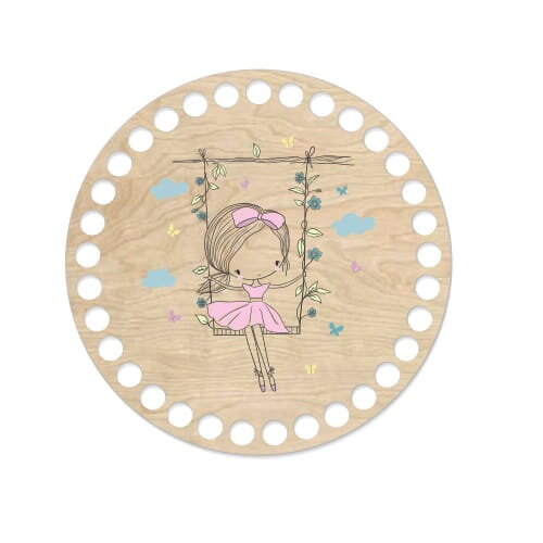 Dřevěné dno na košík s potištěným motivem - kruh 15 cm Holčička na houpačce 589