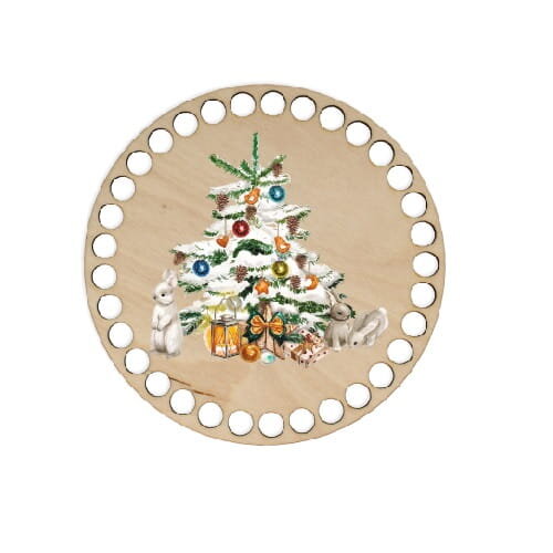 Dřevěné dno s vánočním motivem kruh 15cm - vánoční stromek 557