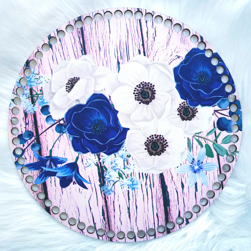 Dřevěné dno s potištěným motivem kruh 30 cm - Old Wood Blue Flower 722